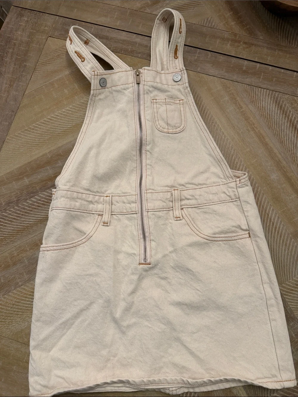 Kids Cream Canvas Overall Dress with Front Zip